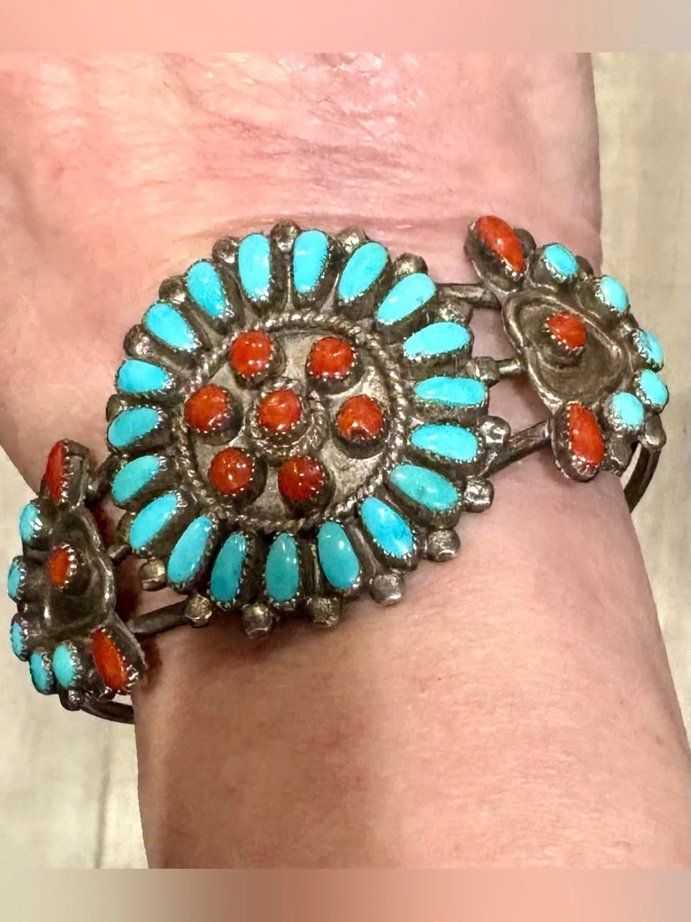 Vintage Leonard & Lula Weebothee Zuni Turquoise Coral Sterling Cuff
